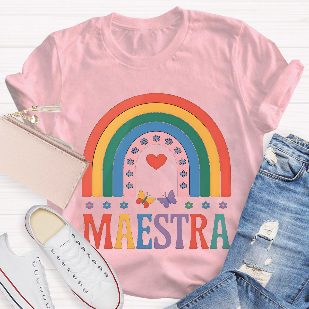 Rainbow Butterfly Maestra Bilingual Teacher T-Shirt
