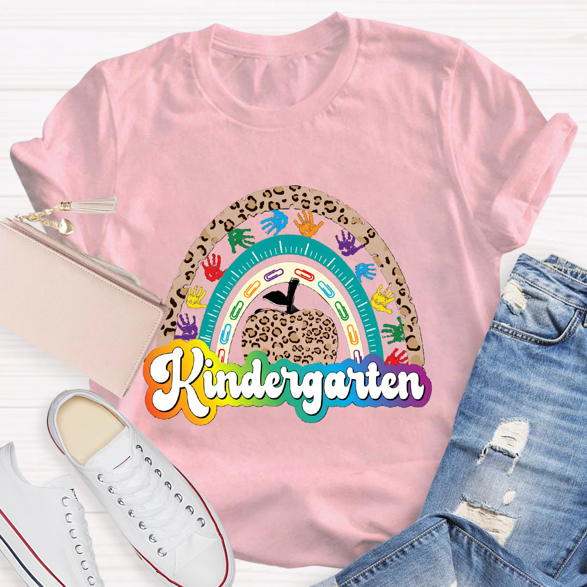 Personalized Grade Leopard Apple Rainbow Teacher T-Shirt