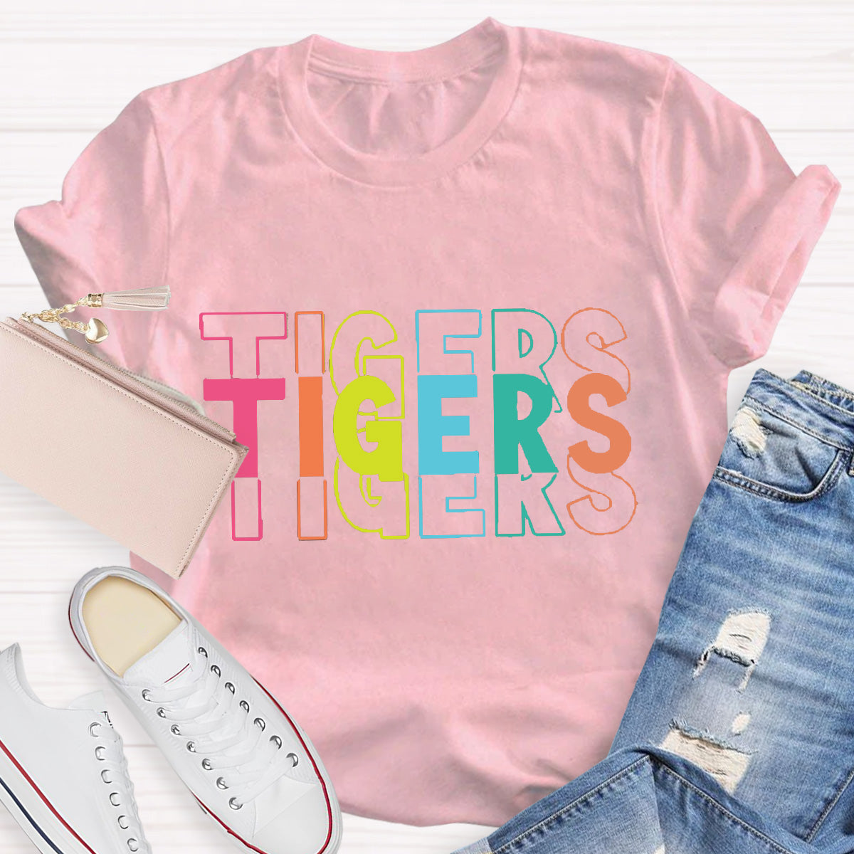 Personalized Mascot Tigers Colorful Letters Teacher T-Shirt
