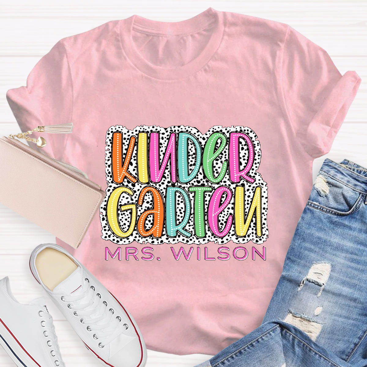 Personalized Name And Grade Neon Lights And Polka Dots Teacher T-Shirt