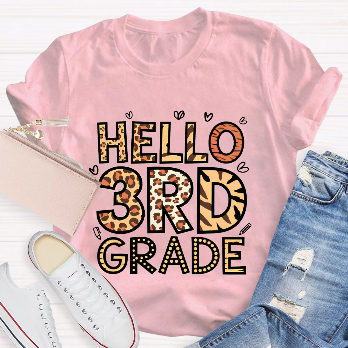 Personalized Grade Hello 3rd Grade Leopard Printed Teacher T-Shirt