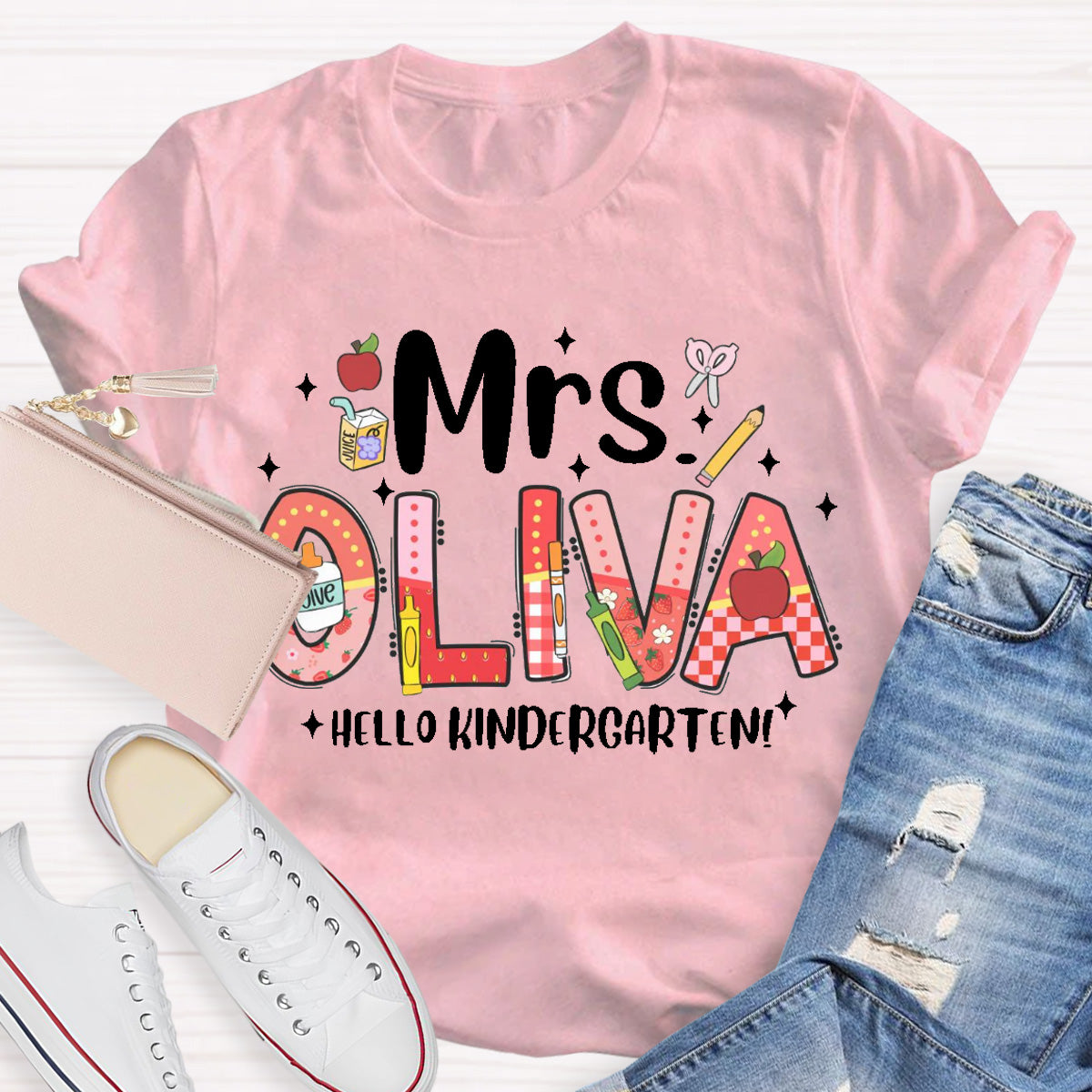 Personalized Name Hello Kindergarten Teacher T-Shirt