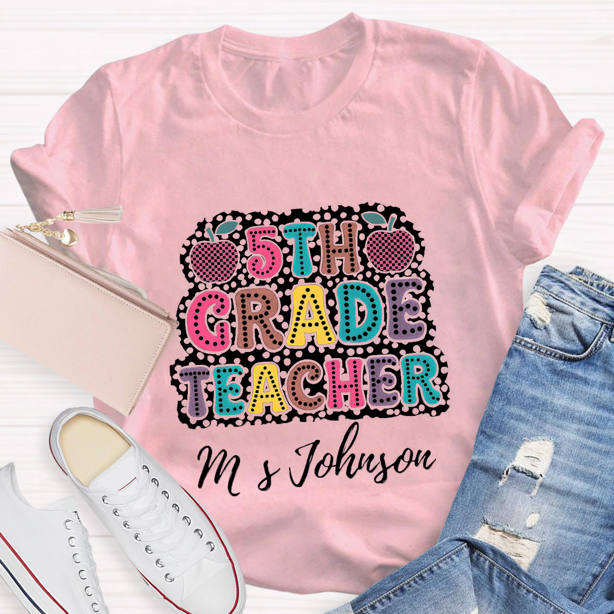 Personalized Name And Grade Checkerboard Apple Teacher T-Shirt