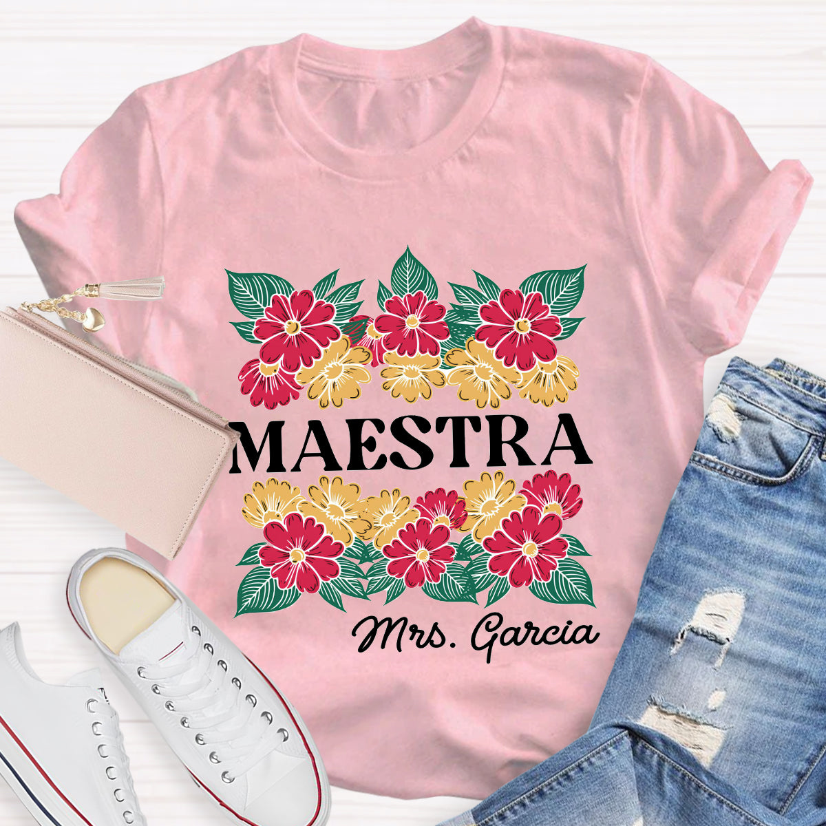 Personalized Name Floral Spanish Teacher T-Shirt