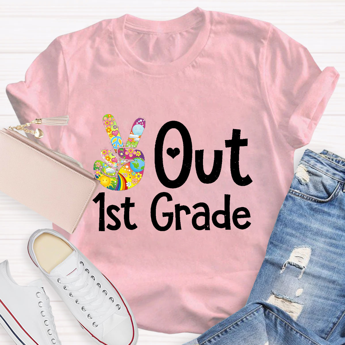 Personalized Grade Out 1st Grade Hand Signal Teacher T-Shirt