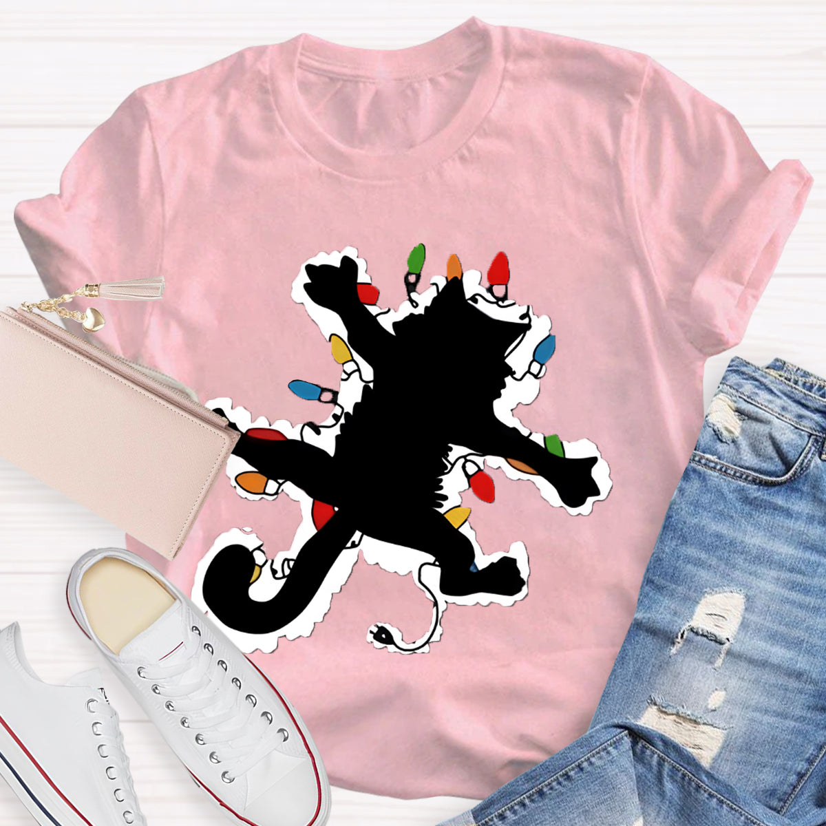 Pussy Cat And Lights Christmas T-Shirt