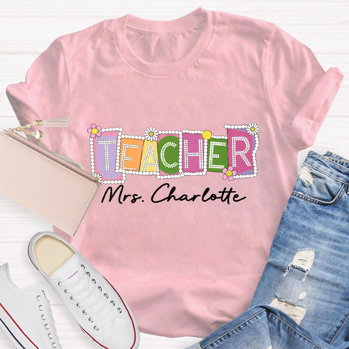 Personalized Teacher Name Contrasting Flowers T-Shirt