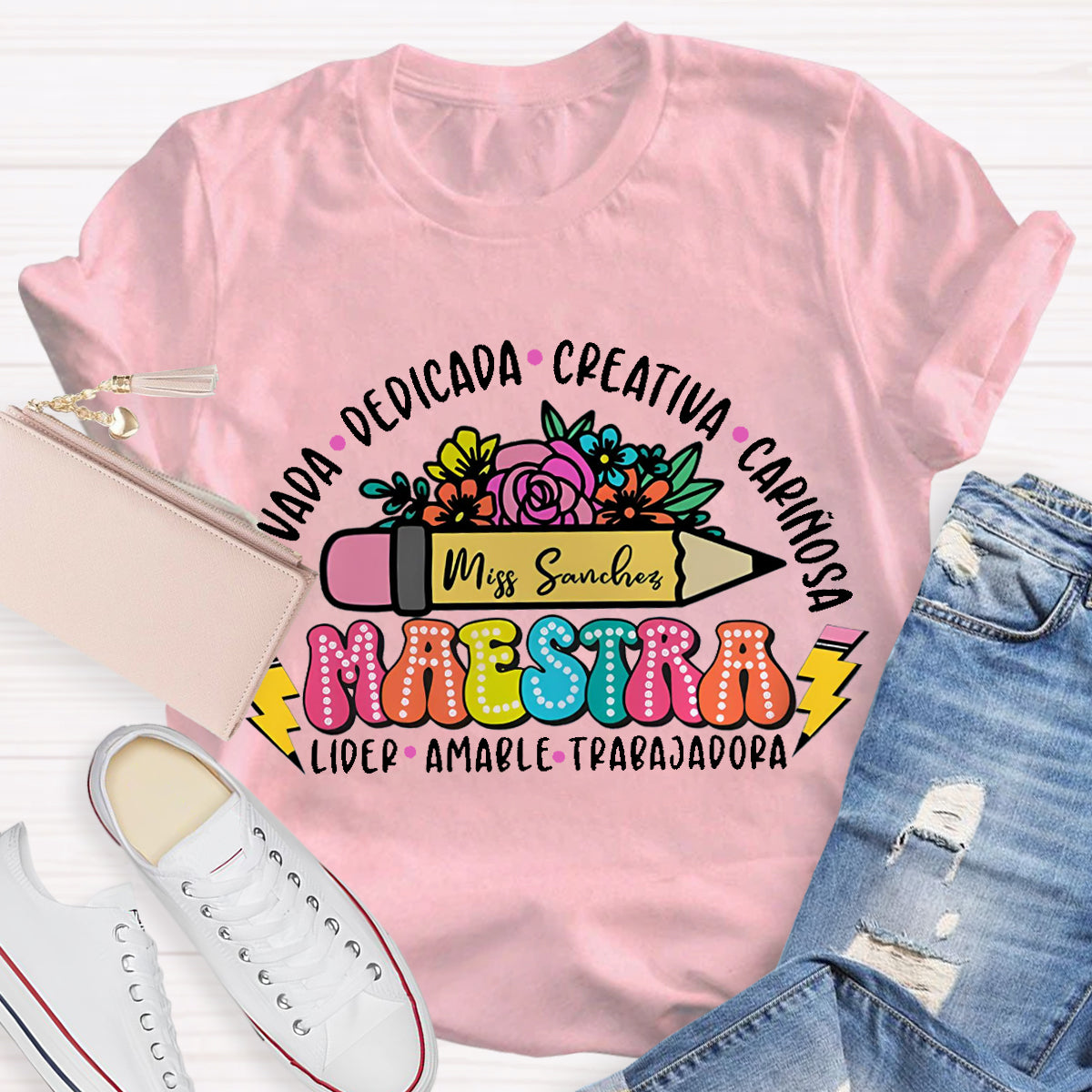 Personalize Name Maestra Pencil Teacher T-Shirt