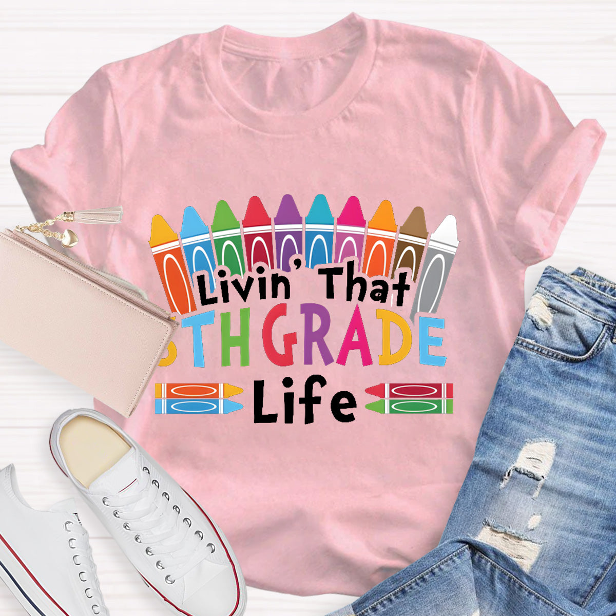 Personalized Grade Livin That 5th Grade Life Teacher T-Shirt