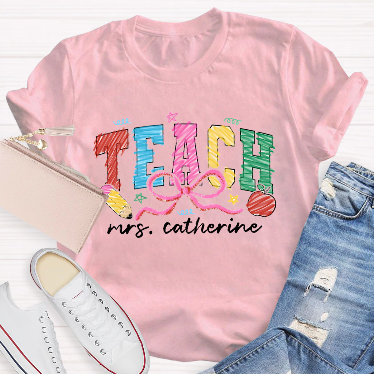 Personalized Name Teach Apple Teacher T-Shirt