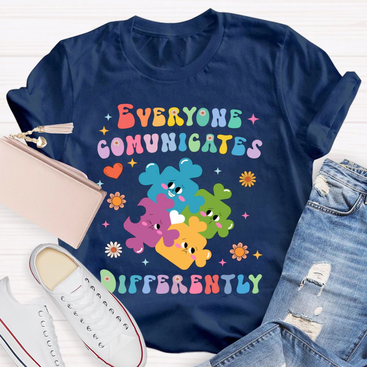 Everyone Communicates Differently Colored Puzzle Teacher T-Shirt