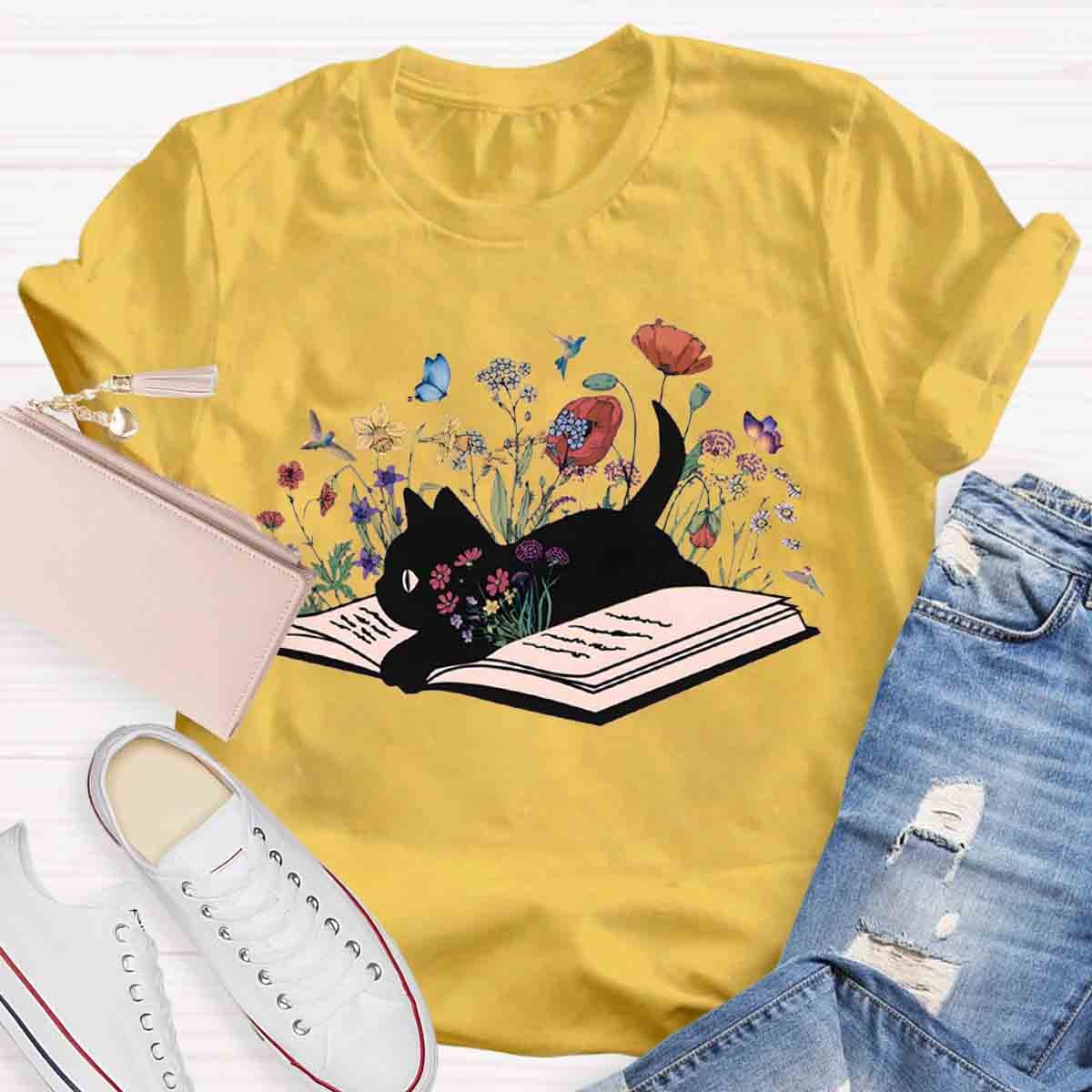 Cute Floral Book Cat T-Shirt