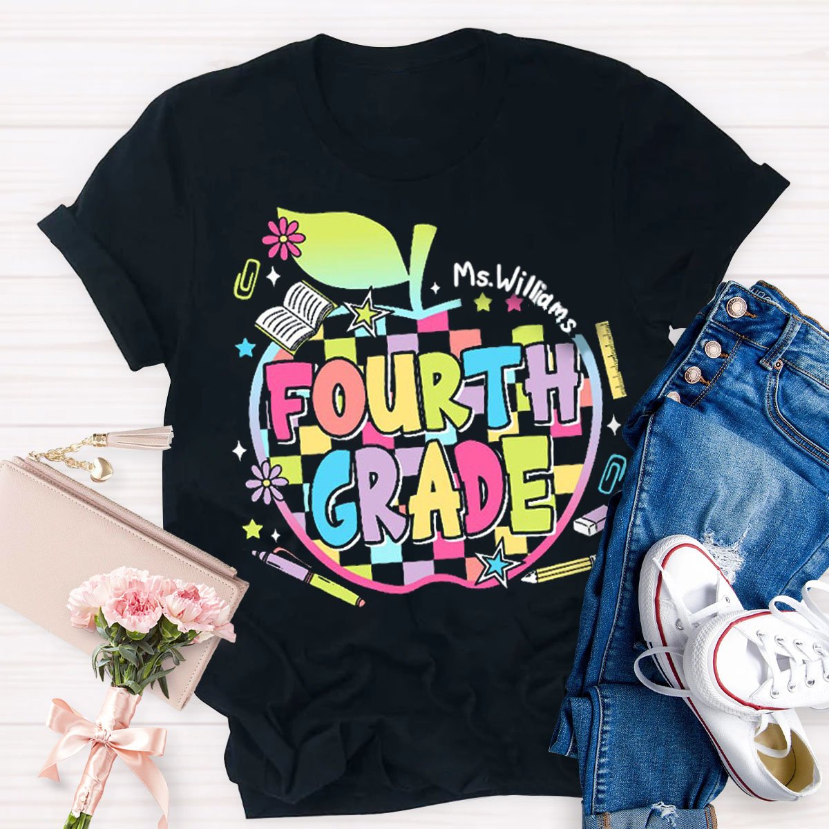 Personalized Grade And Name Apple Teacher T-Shirt