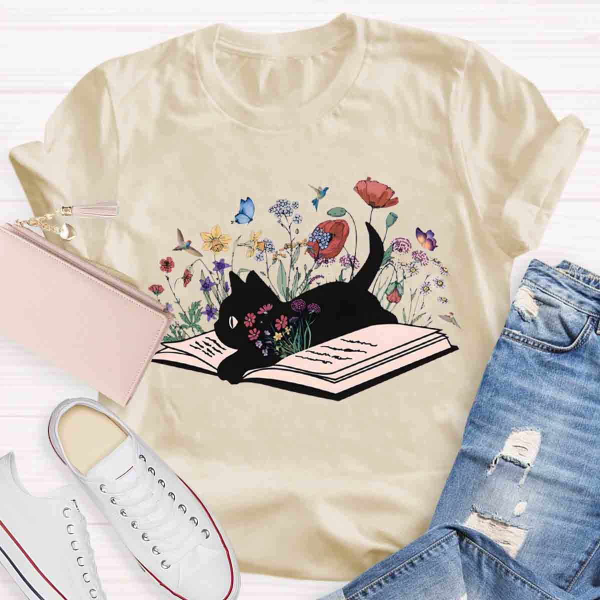 Cute Floral Book Cat T-Shirt