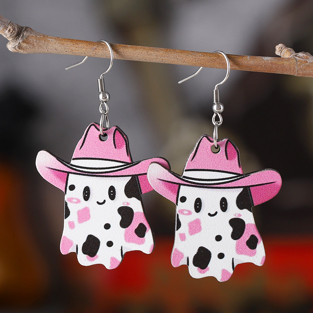 Western Cowboy Hat Painted Ghost Drop Earrings