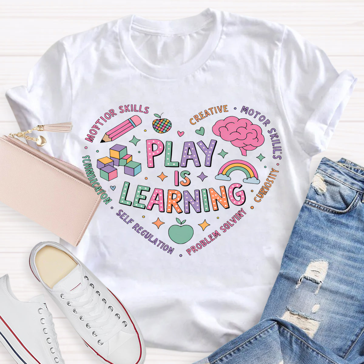 Play Is Learning Colorful Heart Font T-shirt