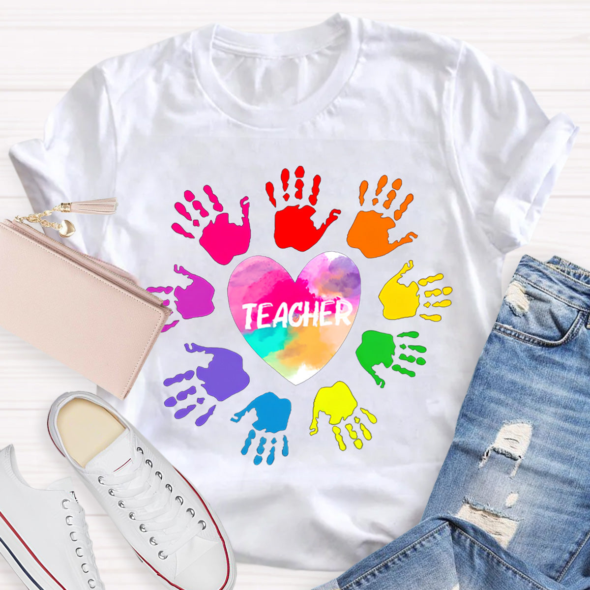 Personalized Colorful Hands Teacher T-Shirt