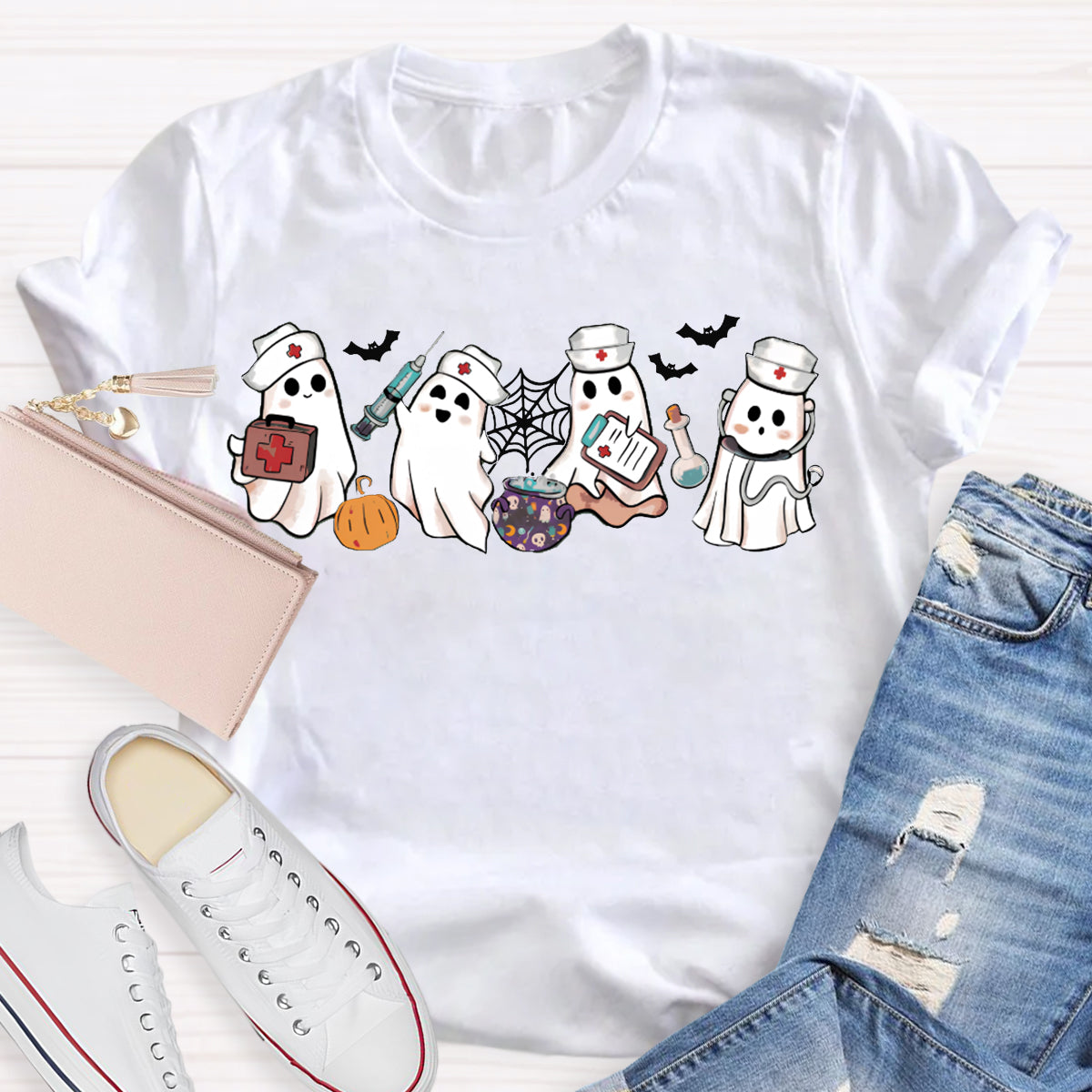 School Nurse Four Busy Little Ghosts Halloween T-shirt