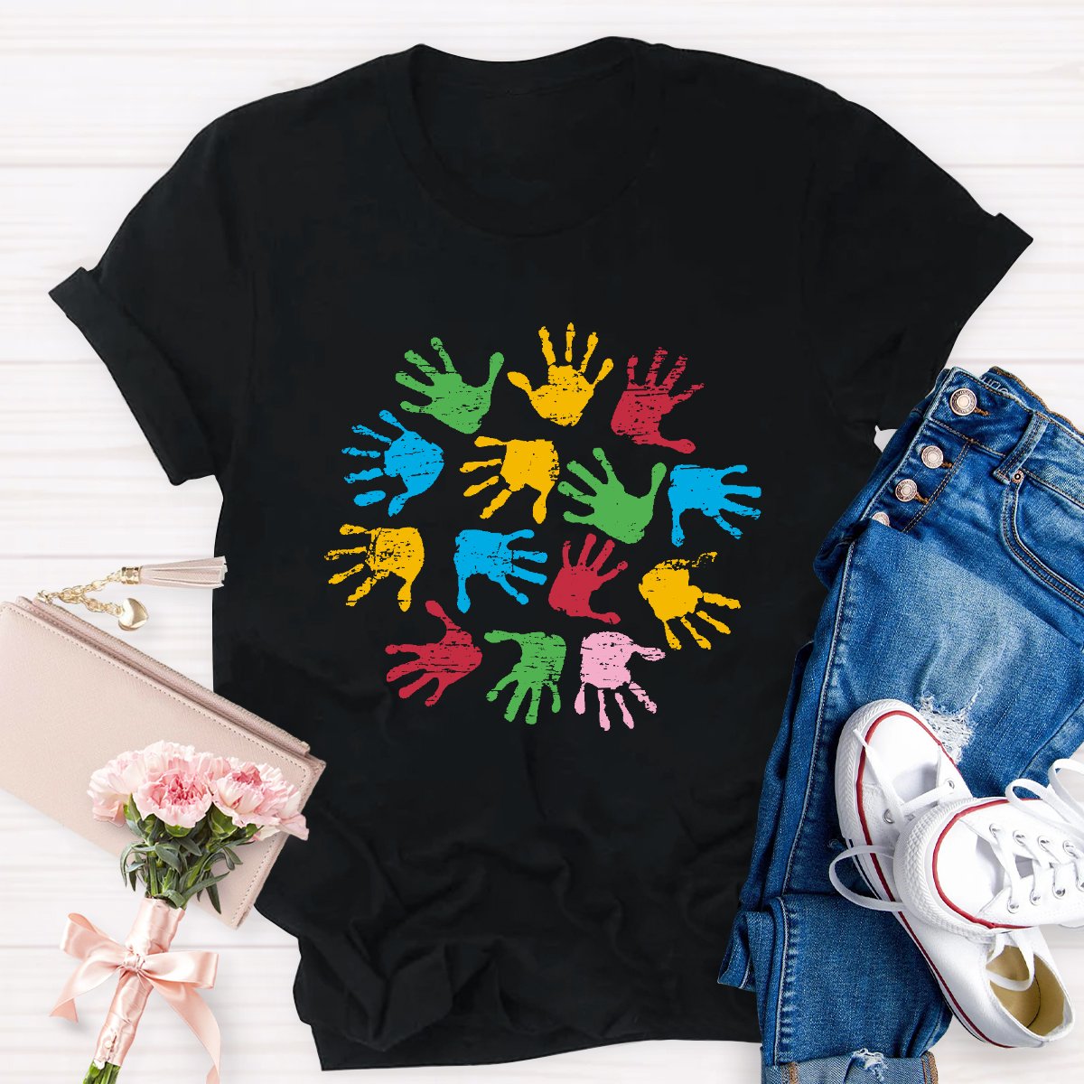 Colored Handprints Autism Awareness Teacher T-shirt
