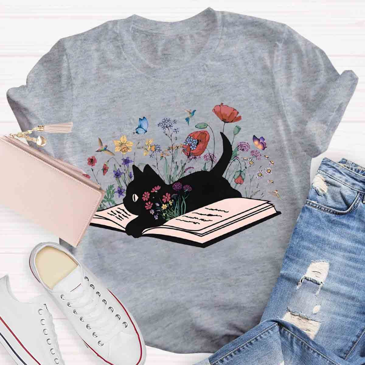 Cute Floral Book Cat T-Shirt