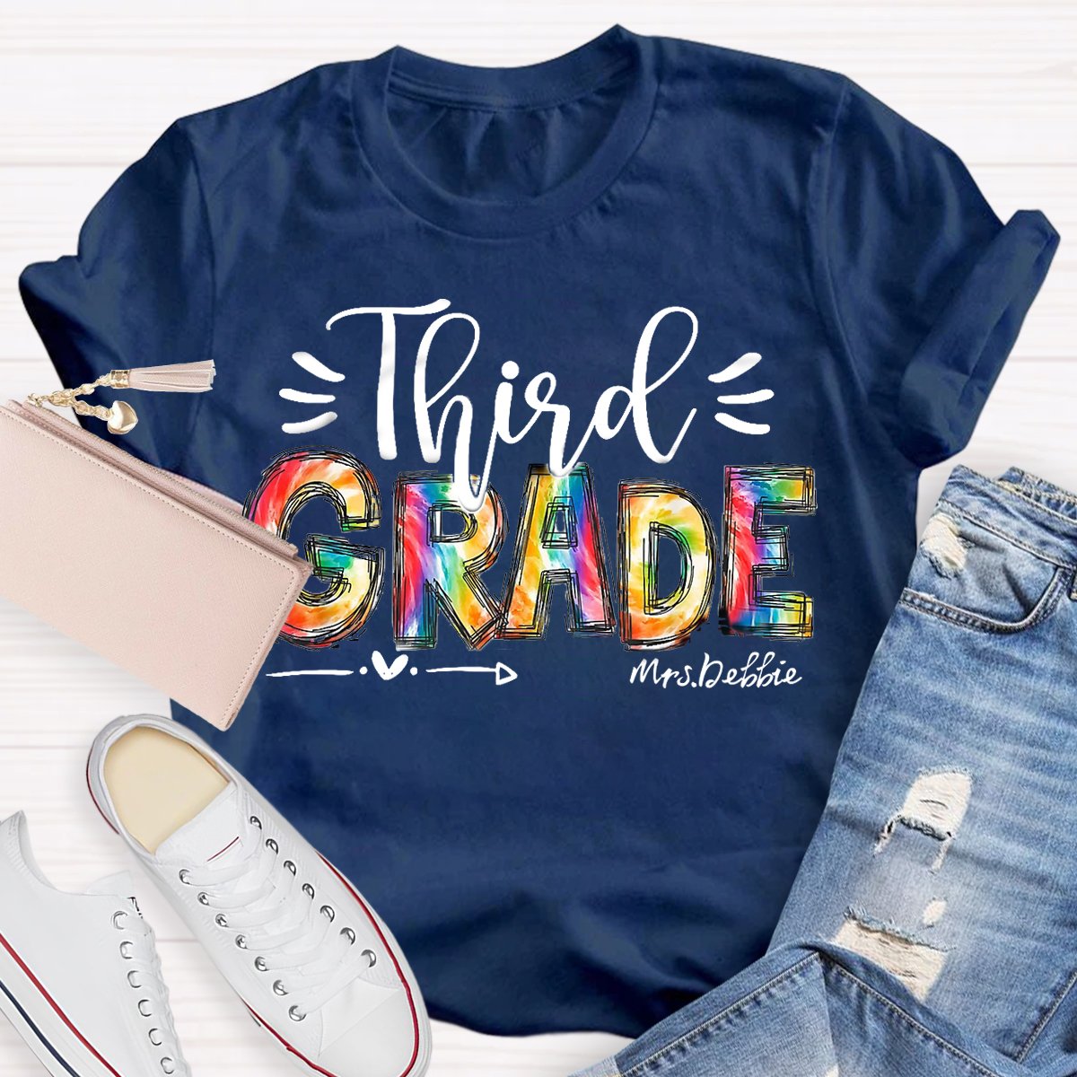 Personalized Grade And Name Colorful Printed Teacher Back To School T-Shirt