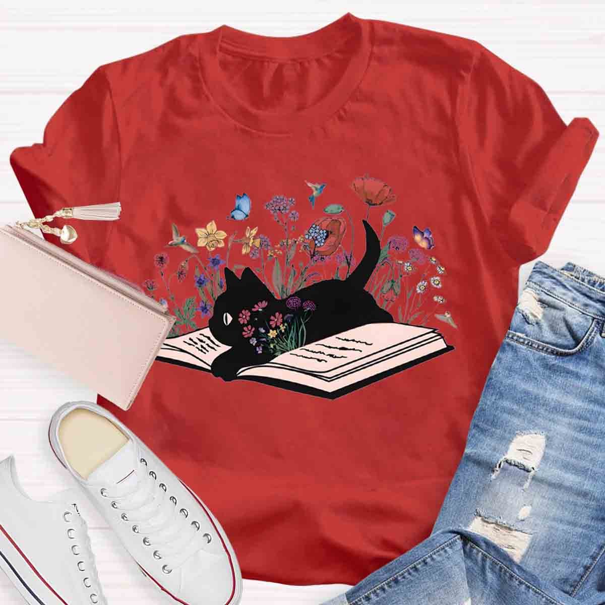Cute Floral Book Cat T-Shirt