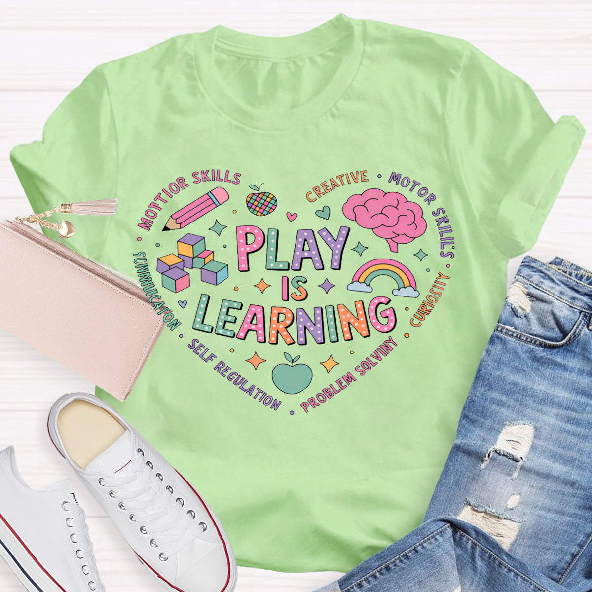 Play Is Learning Colorful Heart Font T-shirt
