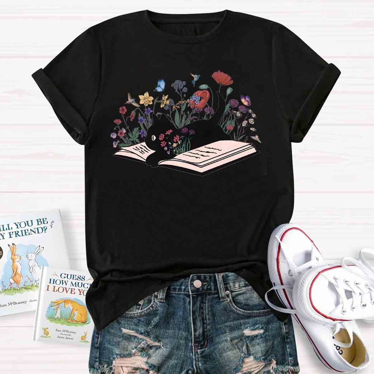 Cute Floral Book Cat T-Shirt