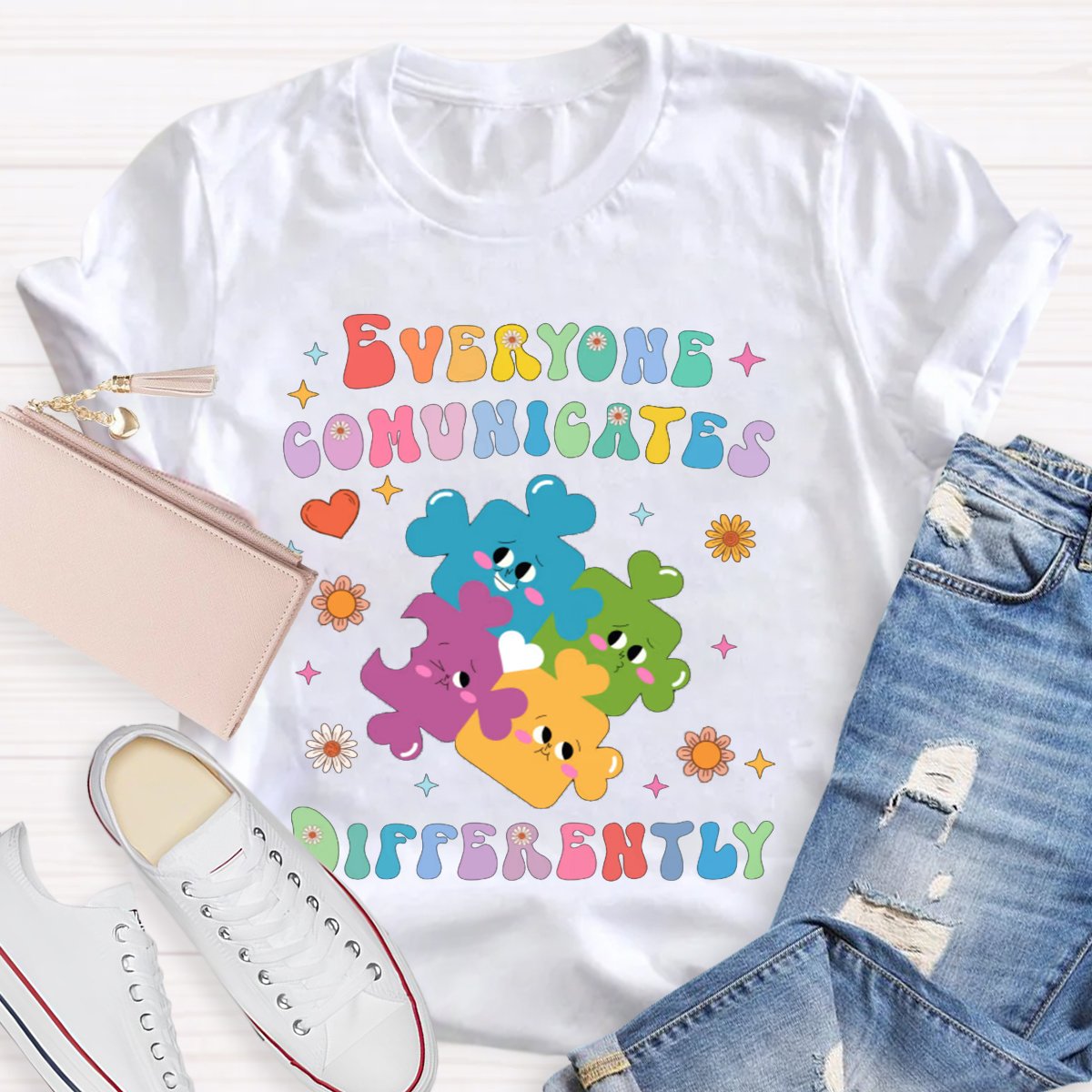 Everyone Communicates Differently Colored Puzzle Teacher T-Shirt