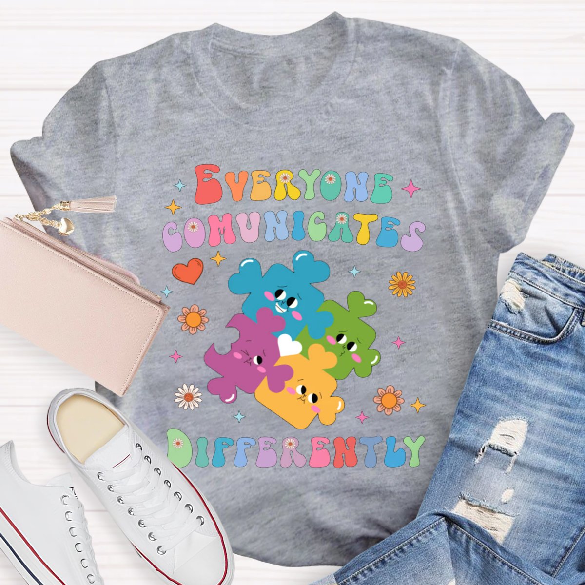 Everyone Communicates Differently Colored Puzzle Teacher T-Shirt