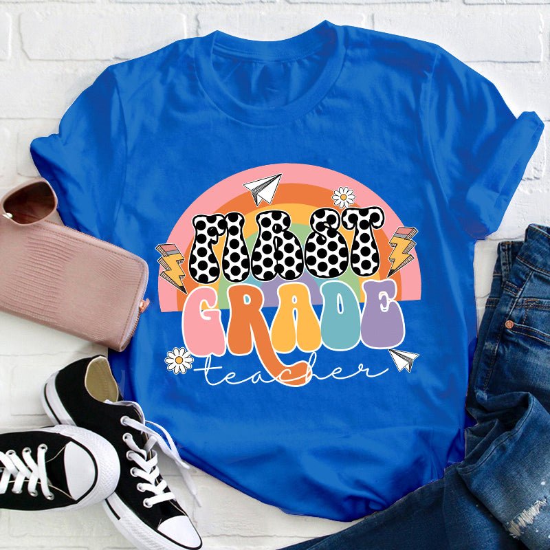 Personalized Grade Rainbow Black Dot Teacher T-Shirt