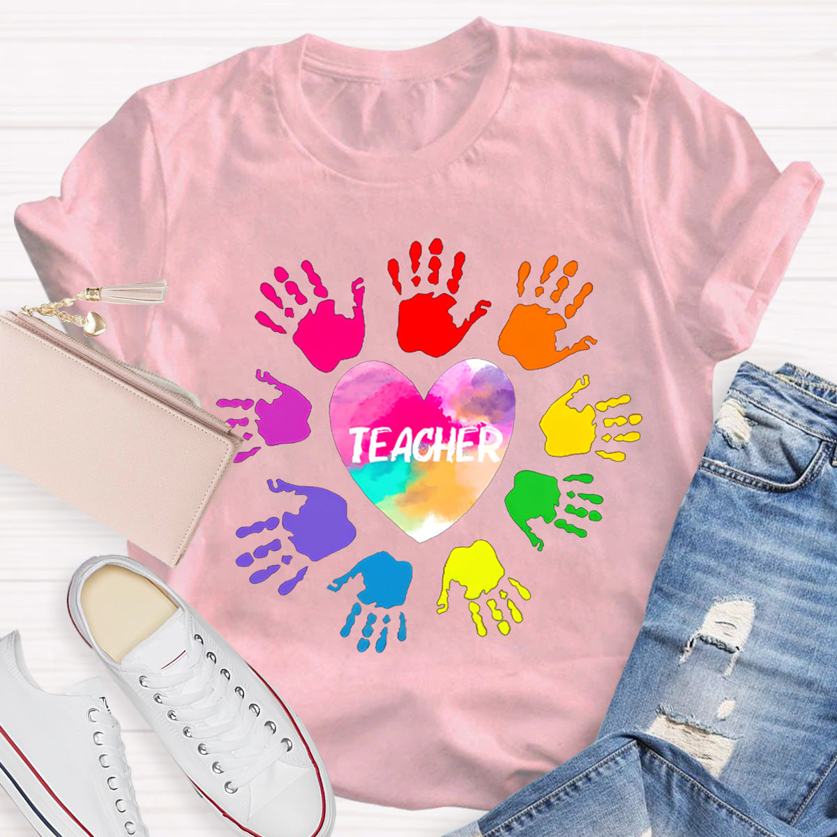 Personalized Colorful Hands Teacher T-Shirt