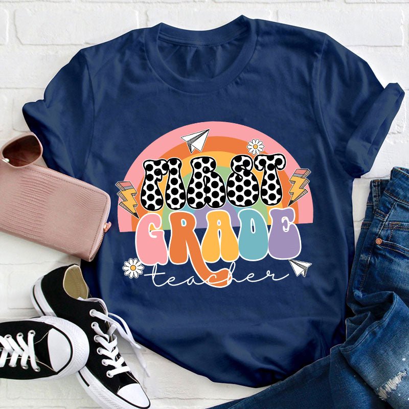 Personalized Grade Rainbow Black Dot Teacher T-Shirt
