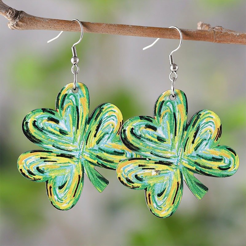 Watercolor Style Lucky Clover Teacher Wooden Earrings