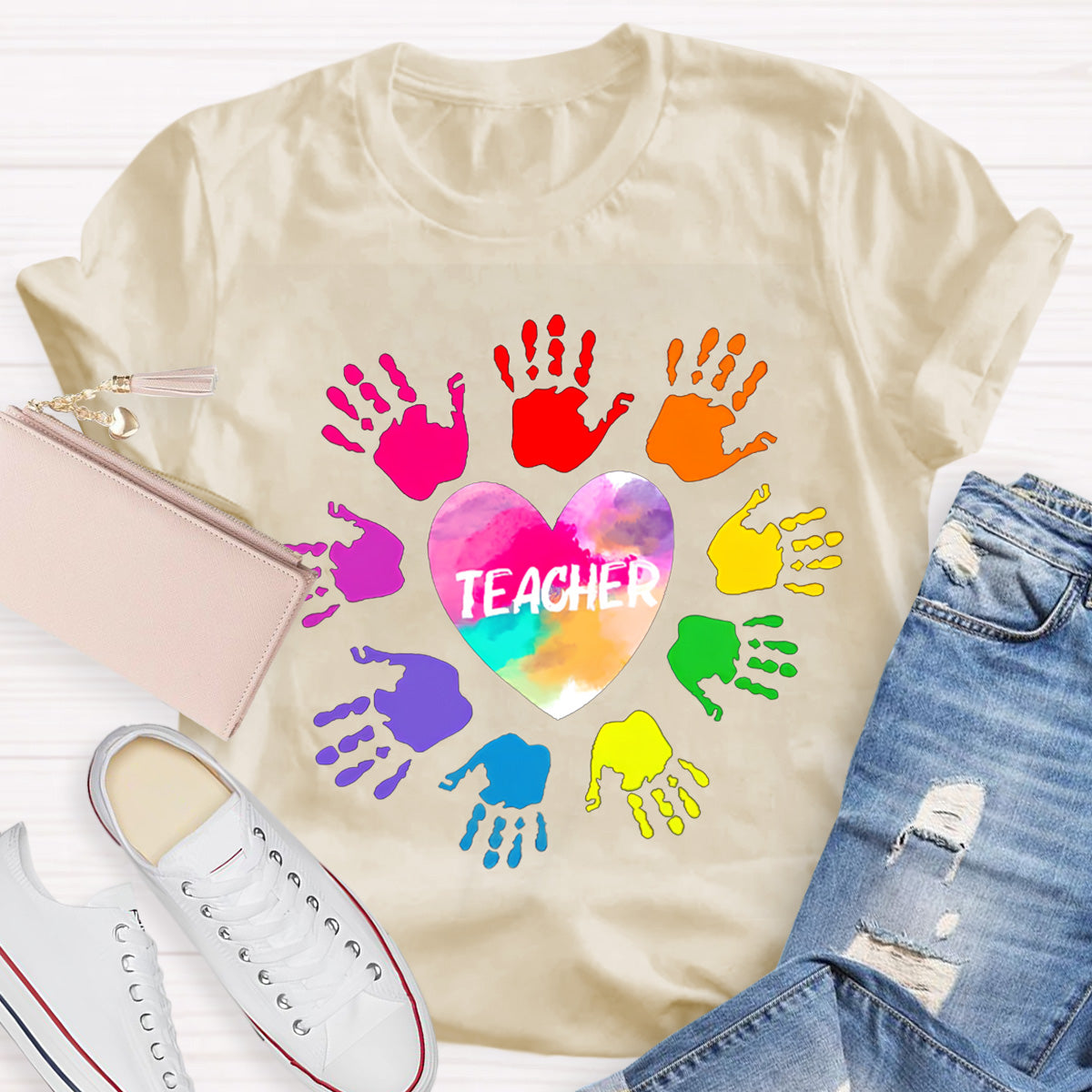 Personalized Colorful Hands Teacher T-Shirt