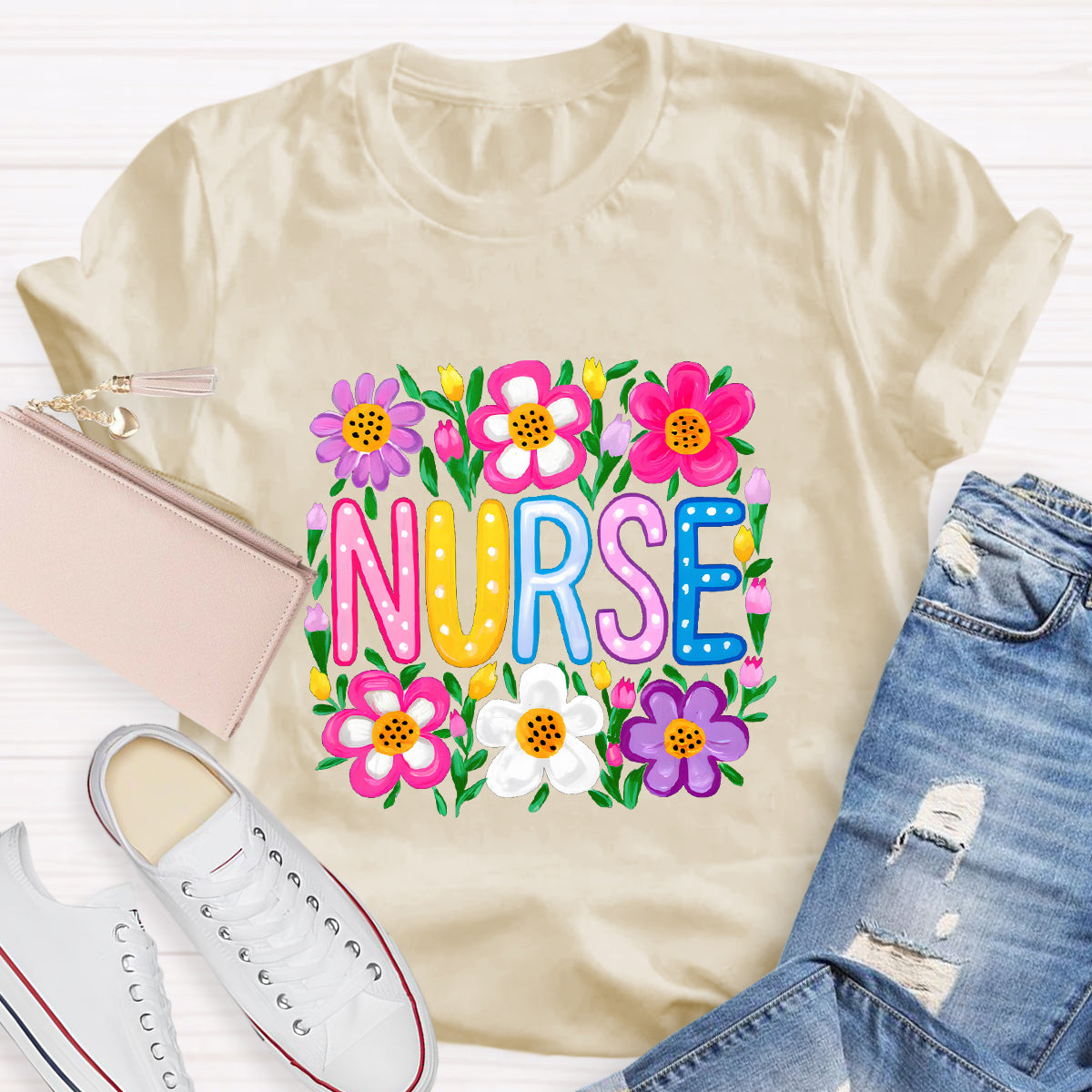 Floral School Nurse T-Shirt