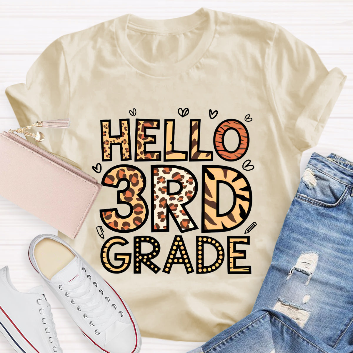 Personalized Grade Hello 3rd Grade Leopard Printed Teacher T-Shirt