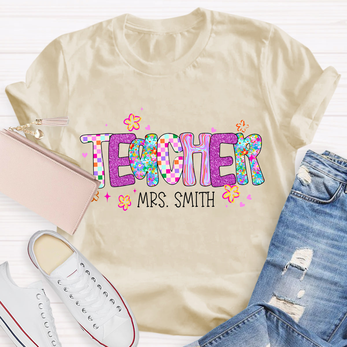 Personalized Teacher Name Pink Plaid T-Shirt