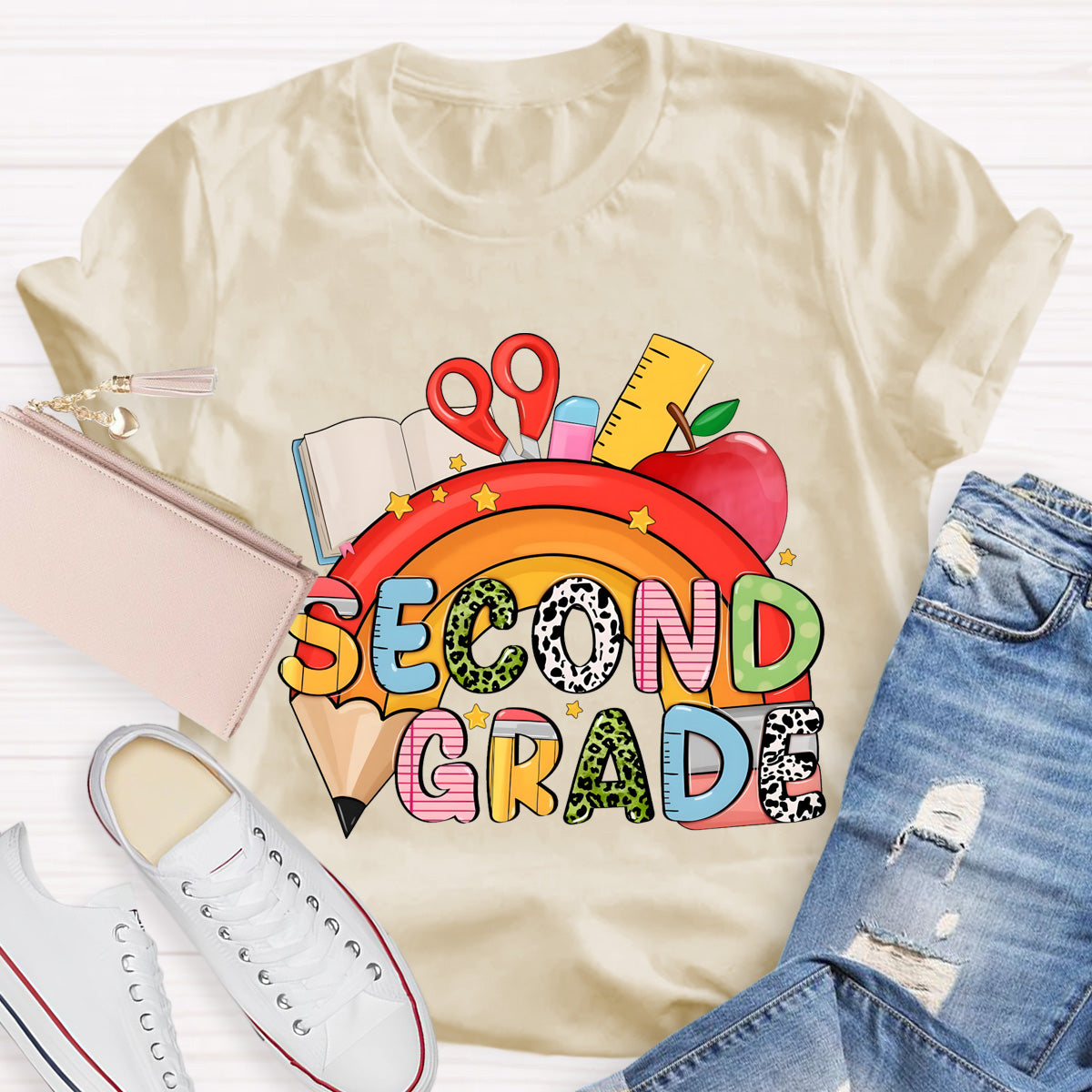 Personalized Grade Pencil Rainbow Second Grade Teacher T-Shirt