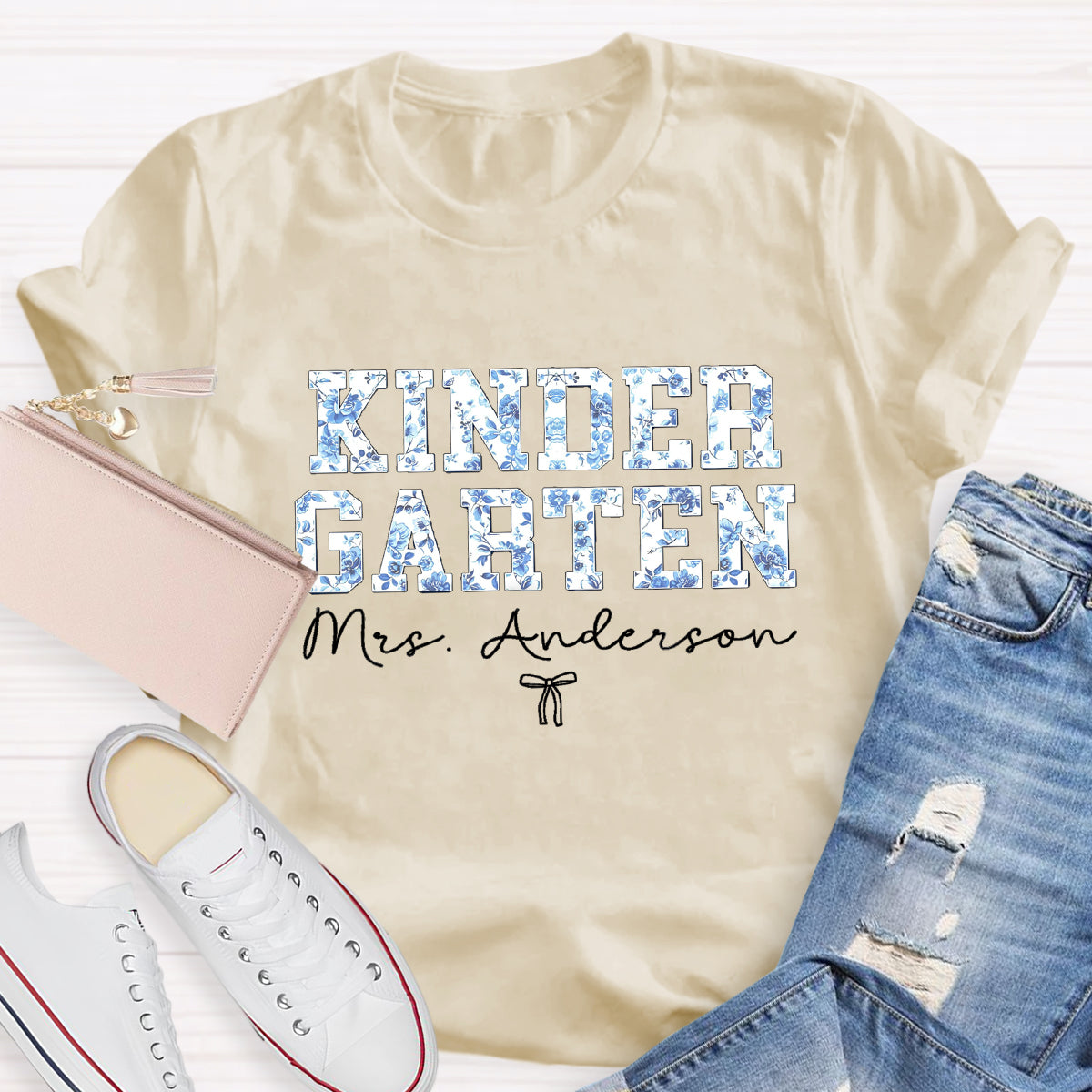 Personalized Kindergarten Teacher Name Blue Flower T-Shirt