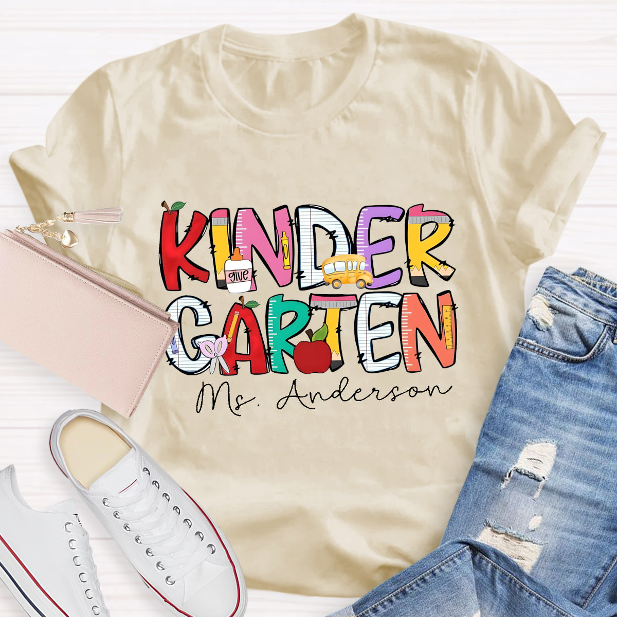 Personalized Kinder Garten Teacher's Name Apple Printed T-shirt