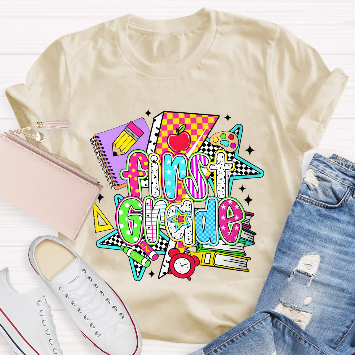 Personalized Grade First Grade Teacher Books Pencil T-Shirt