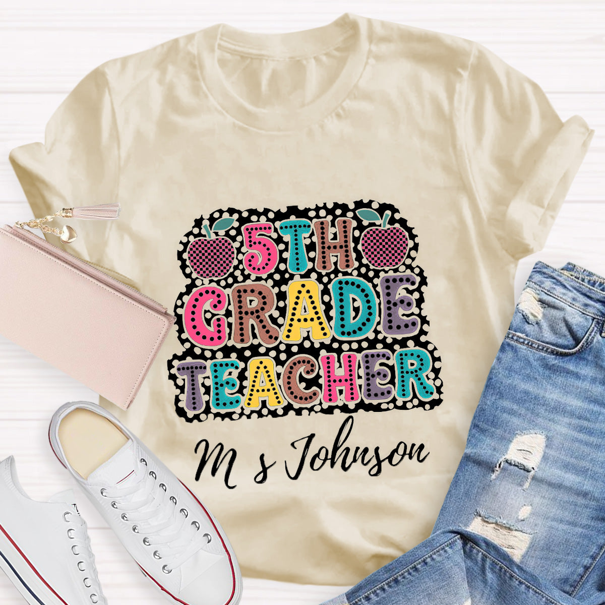 Personalized Name And Grade Checkerboard Apple Teacher T-Shirt