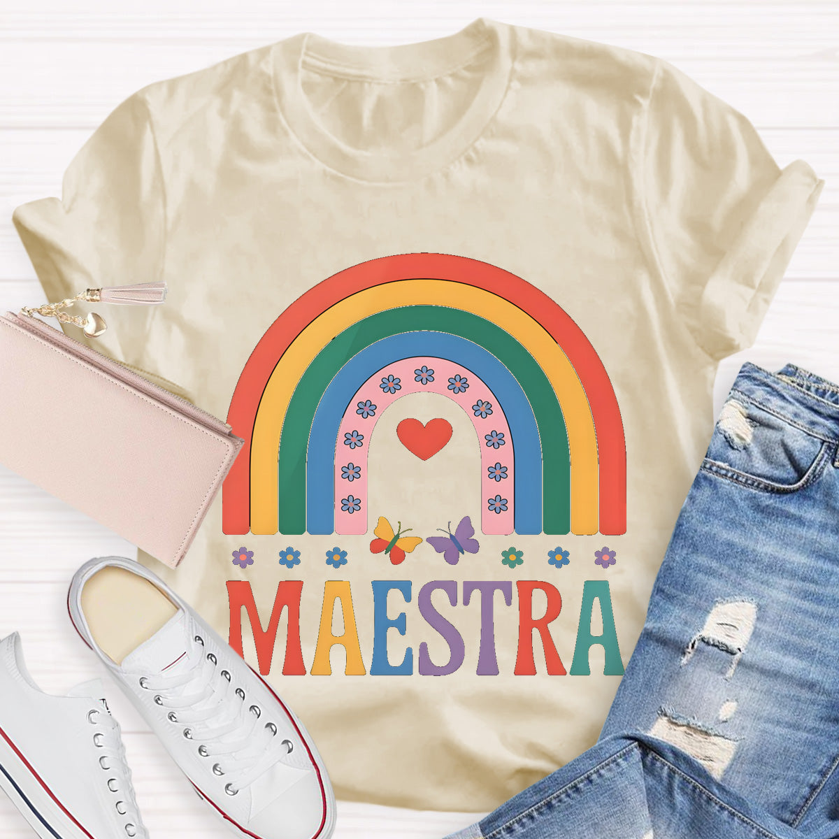 Rainbow Butterfly Maestra Bilingual Teacher T-Shirt