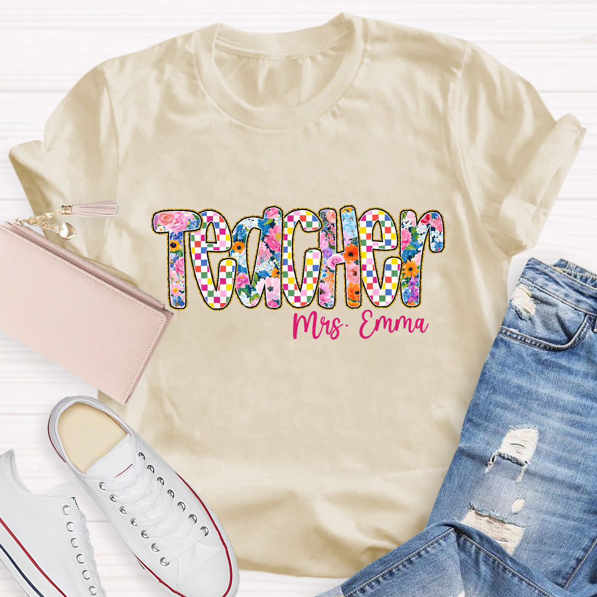 Personalized Name Pink Flowers Teacher T-Shirt