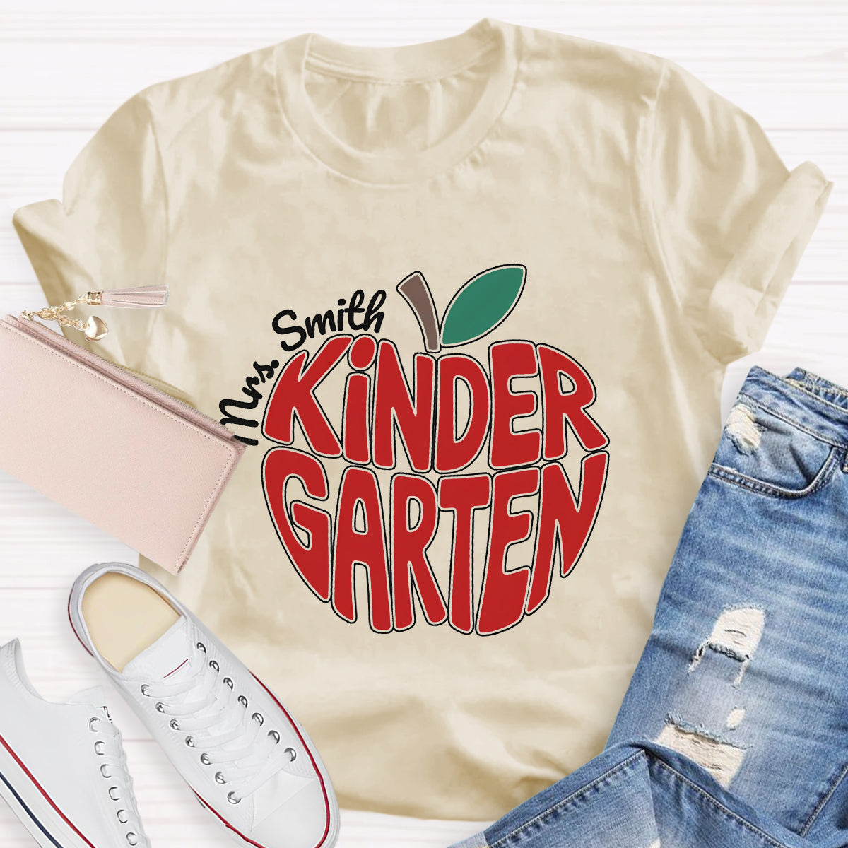 Personalized Kinder Garden Teacher Name Red Apple T-Shirt