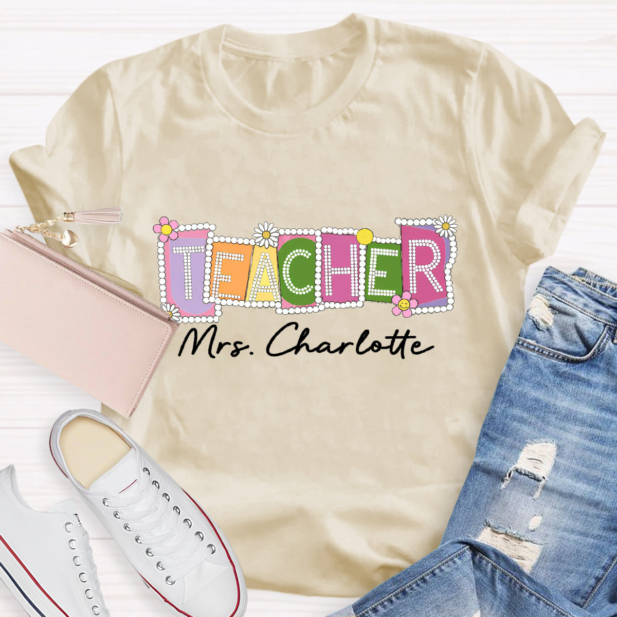 Personalized Teacher Name Contrasting Flowers T-Shirt