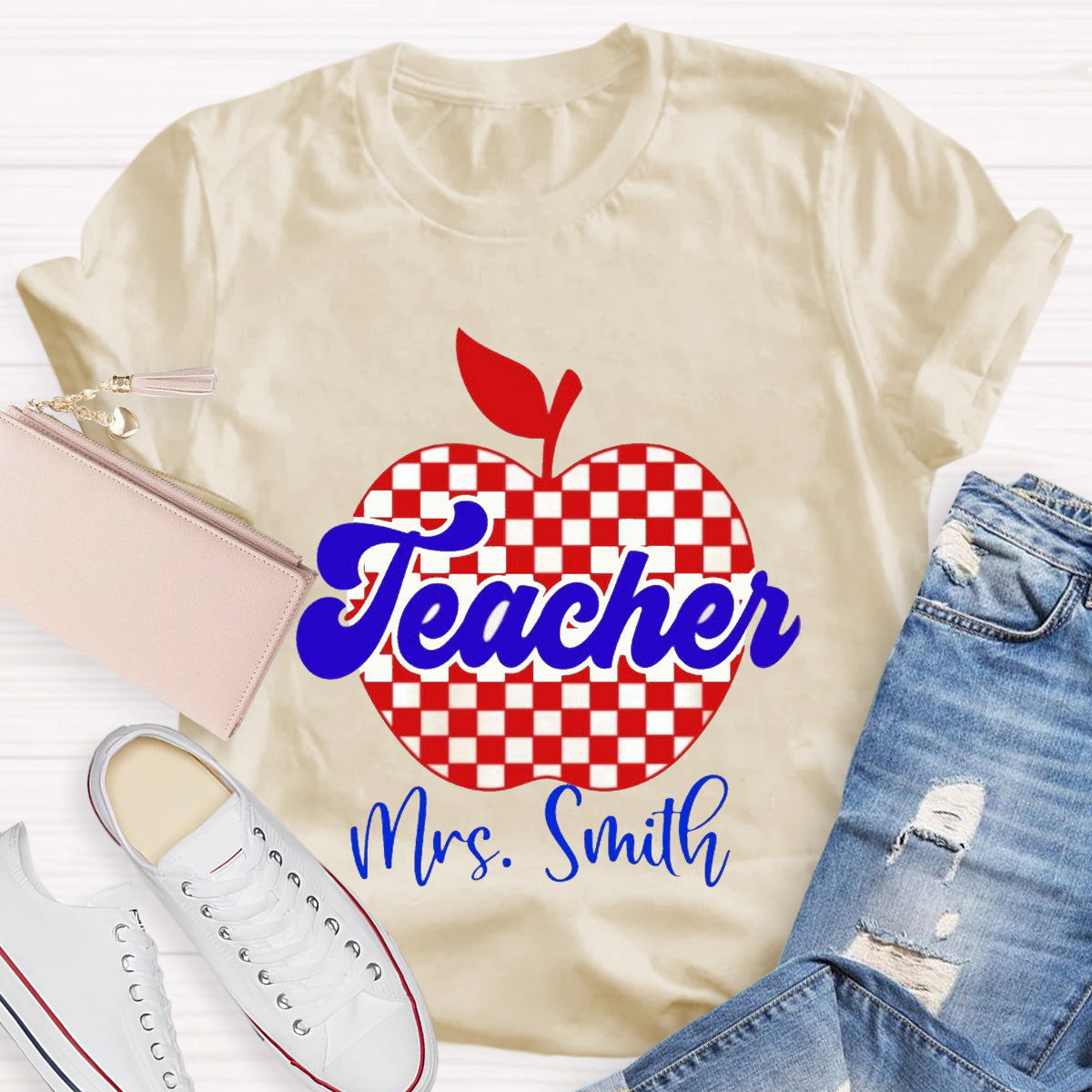 Personalized Name Red Apple Teacher T-Shirt