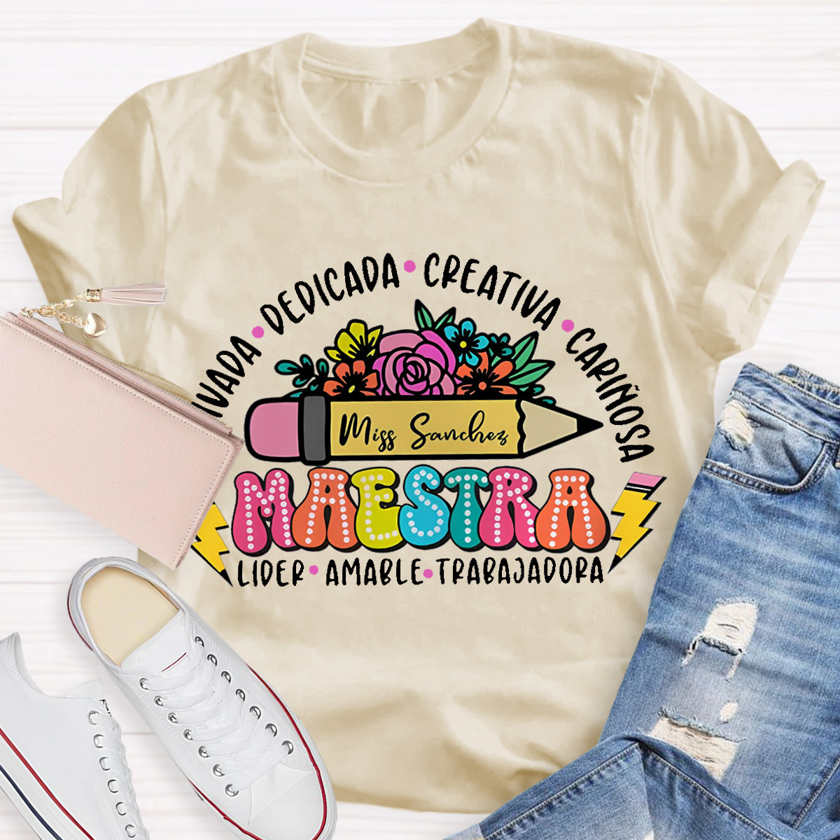 Personalize Name Maestra Pencil Teacher T-Shirt