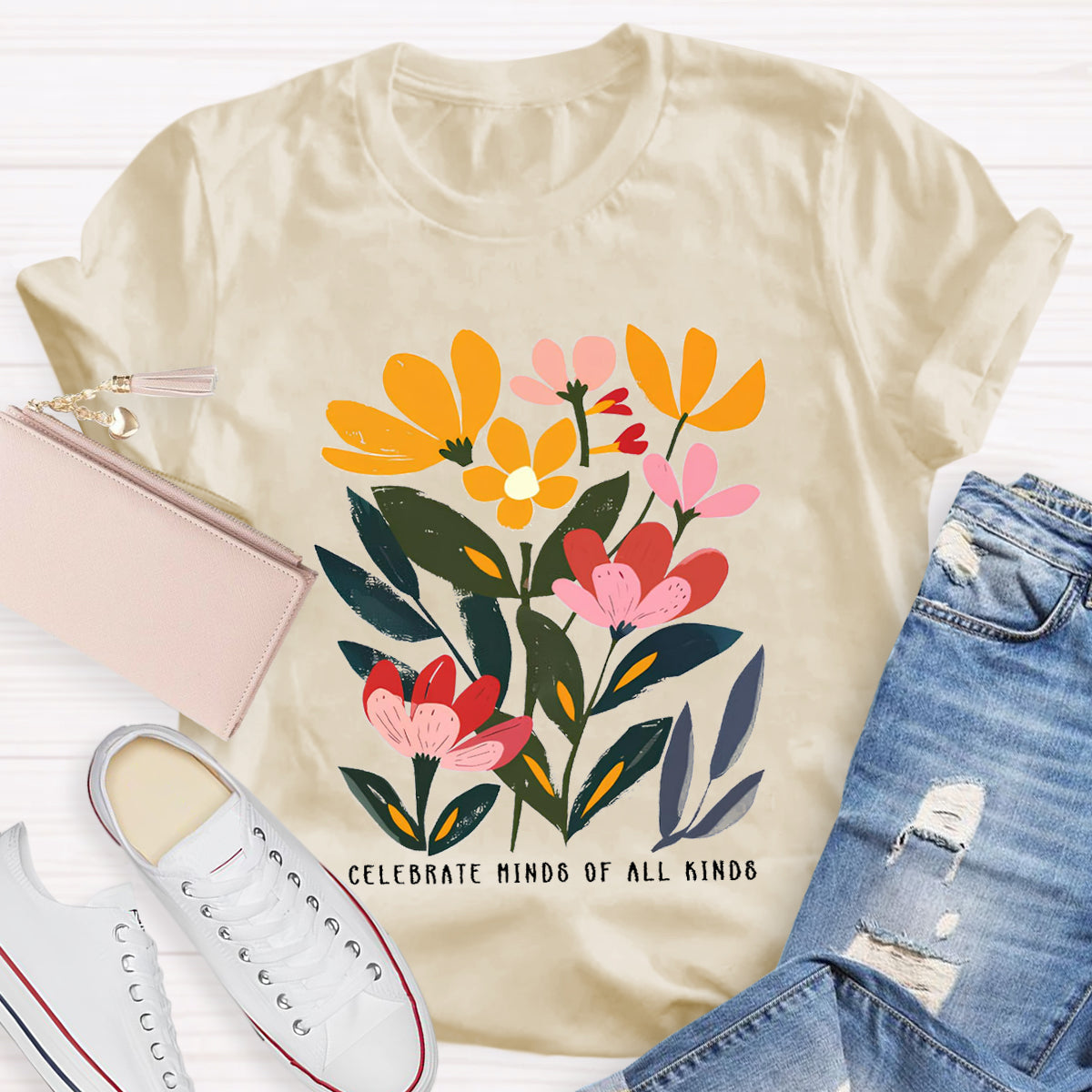 Art Flower Celebrate Minds of All Kinds Teacher T-Shirt